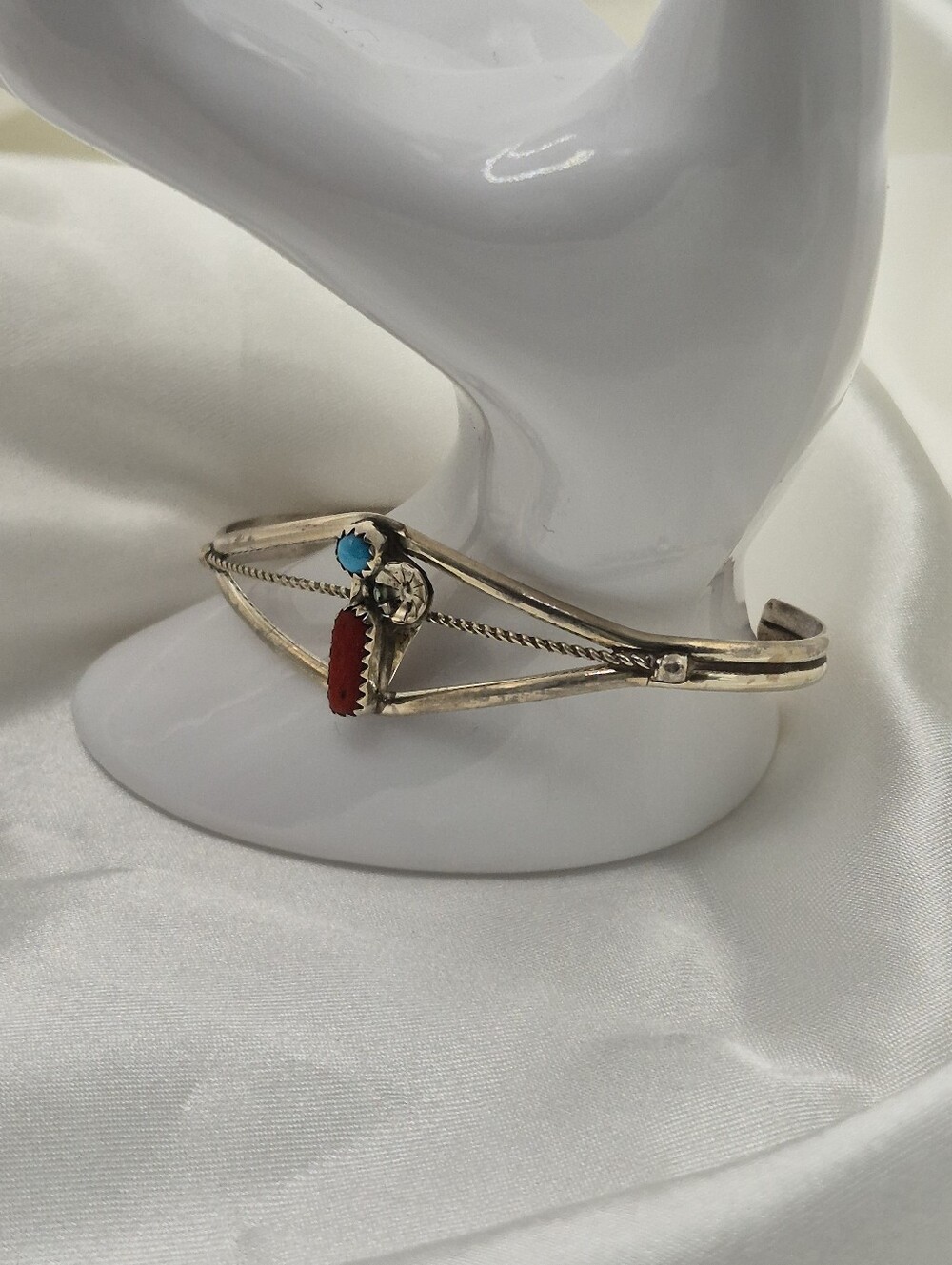 Sterling Silver Cuff Bracelet with Turquoise, Red Coral, Flower, Native American